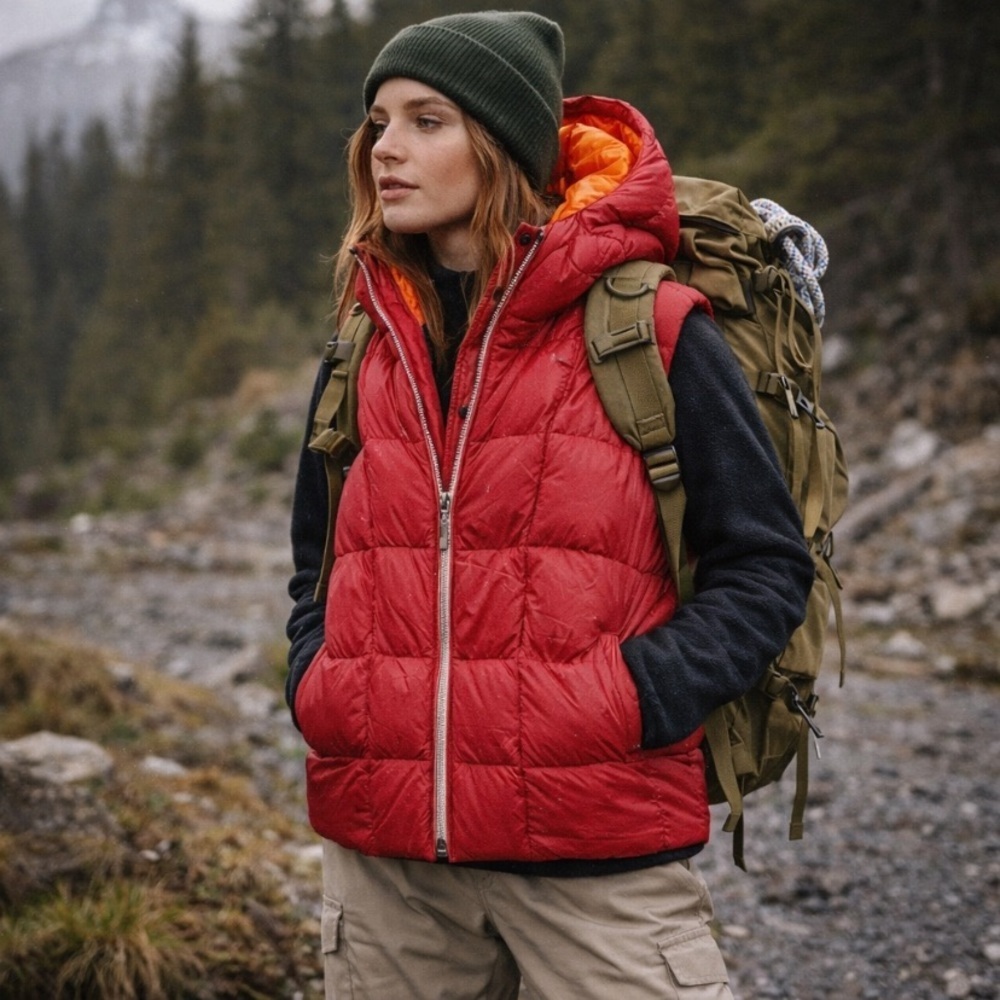 Trina Turk Red Orange Duck Down Feather Retro Outdoor Hooded Vest Jacket Size M